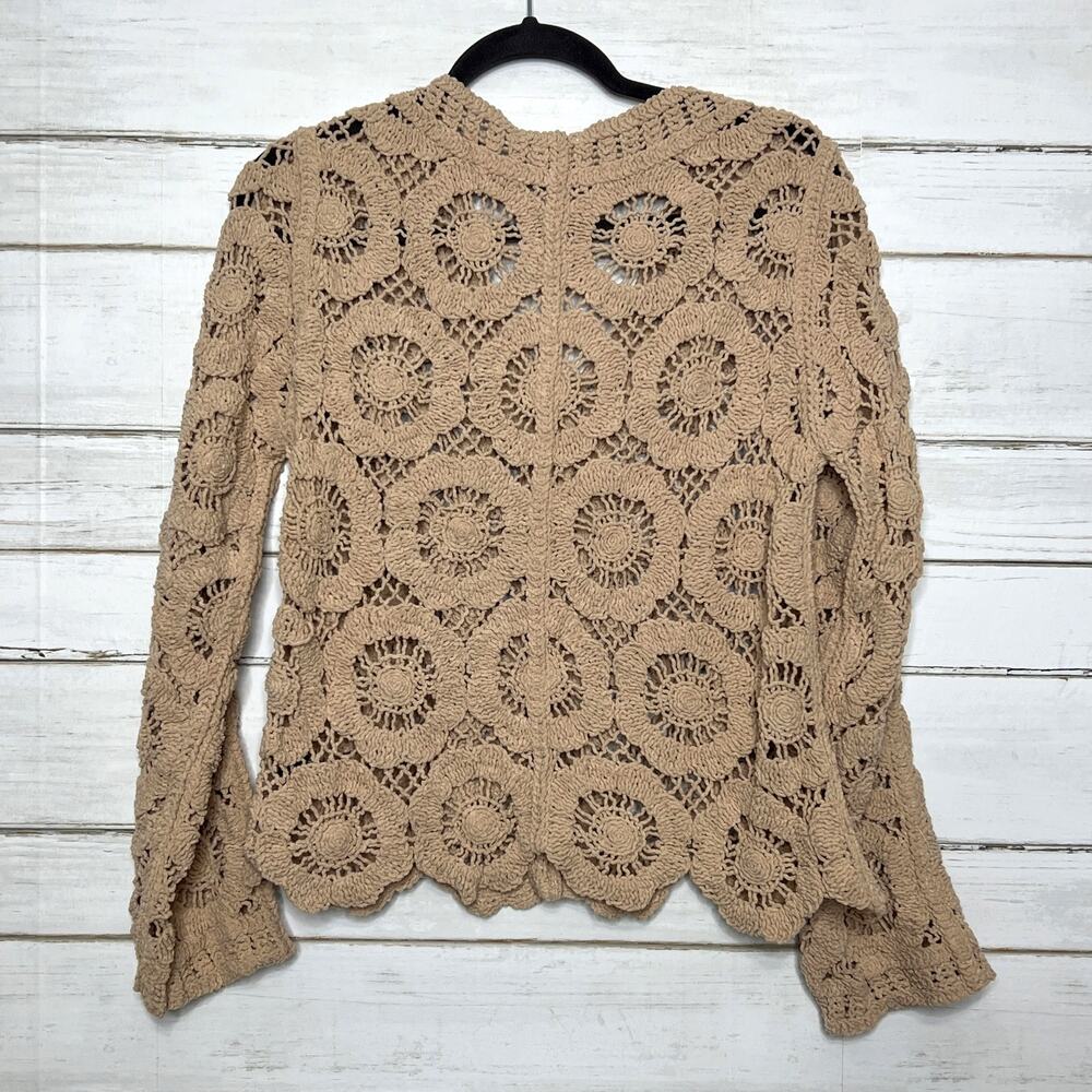 POL Crochet Cardigan Tan Boho Floral Button Front Open Knit Sweater Medium - Picture 3 of 10